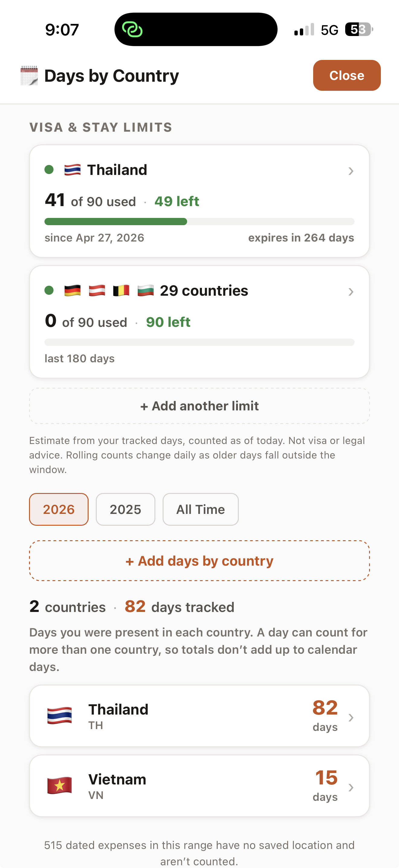 NomadMetrics Days by Country screen showing days tracked and stay limits per country