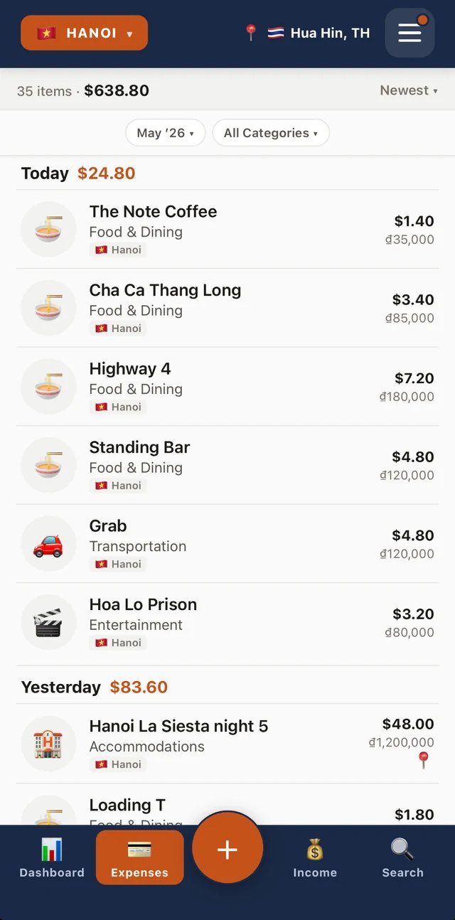 NomadMetrics expense list showing local currency and home currency amounts