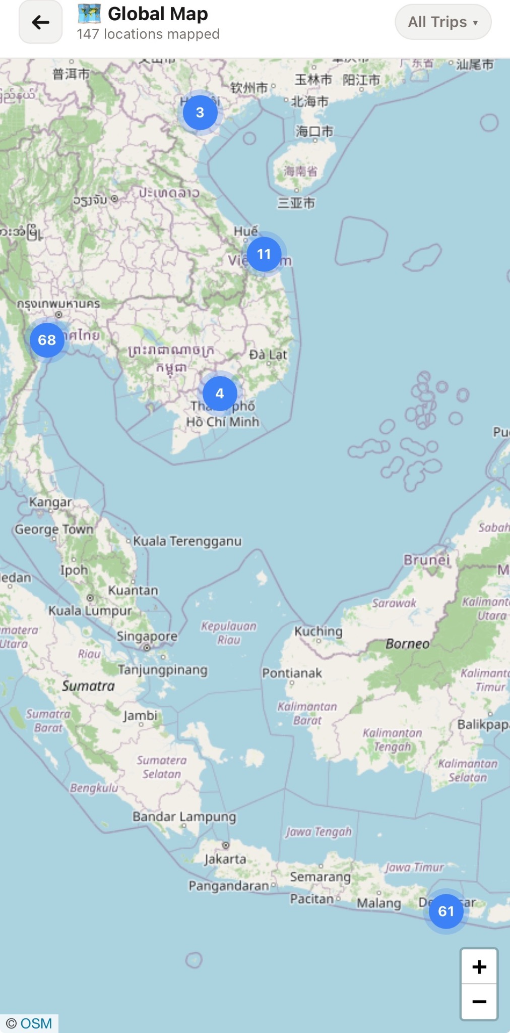 NomadMetrics global map showing expense clusters across Southeast Asia